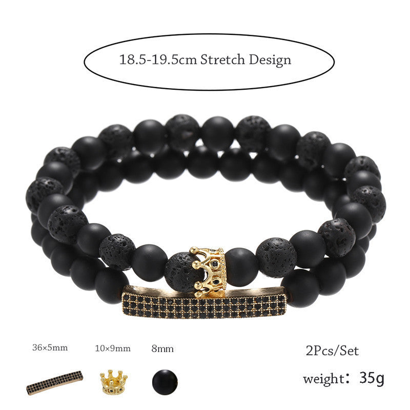 Wholesale Black Matte Stone Lava Stone Zircon Crown Bracelet